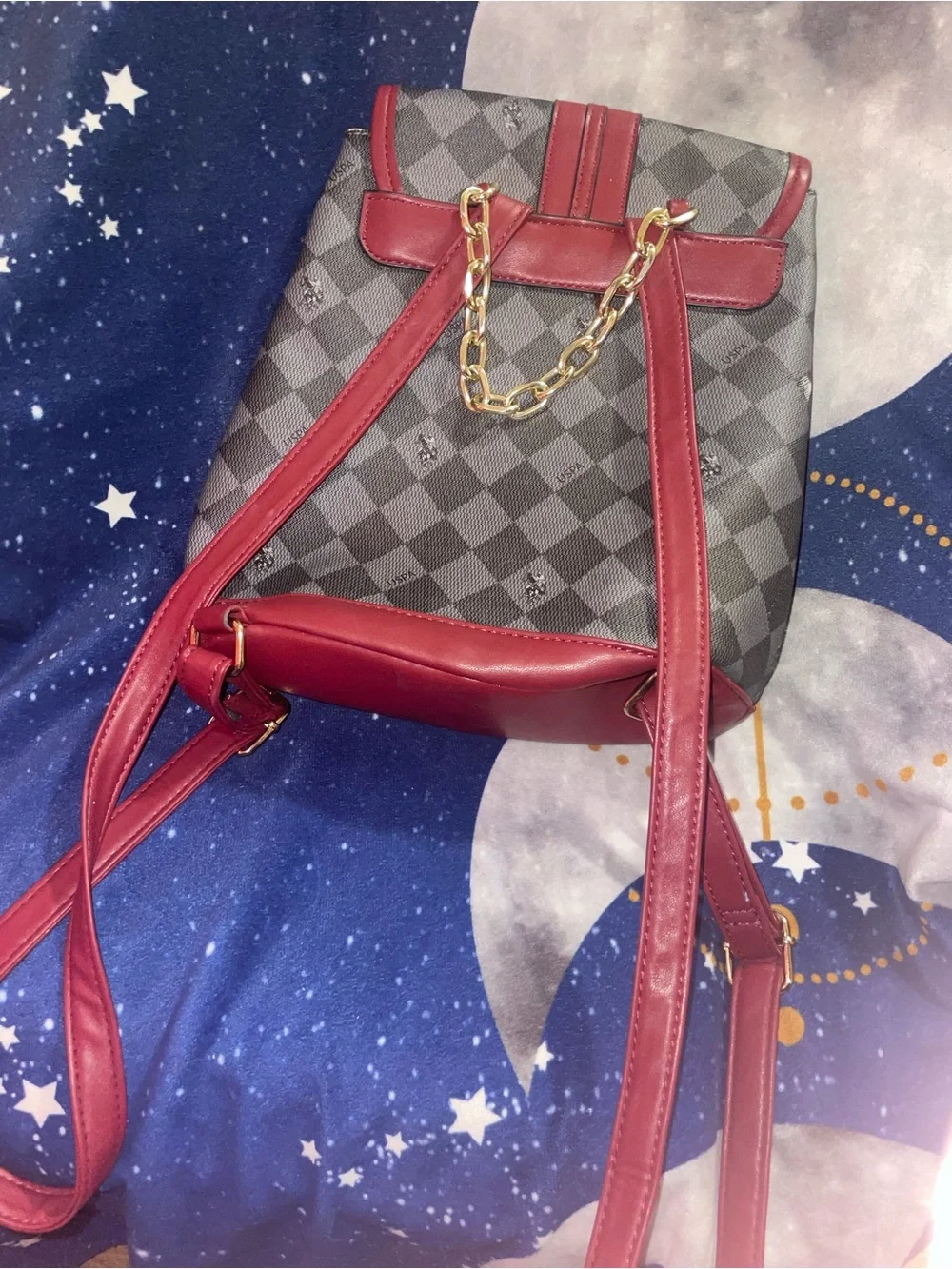 U.S. Polo Assn. Gray Check Backpack with Red Trim and Gold Emblem
